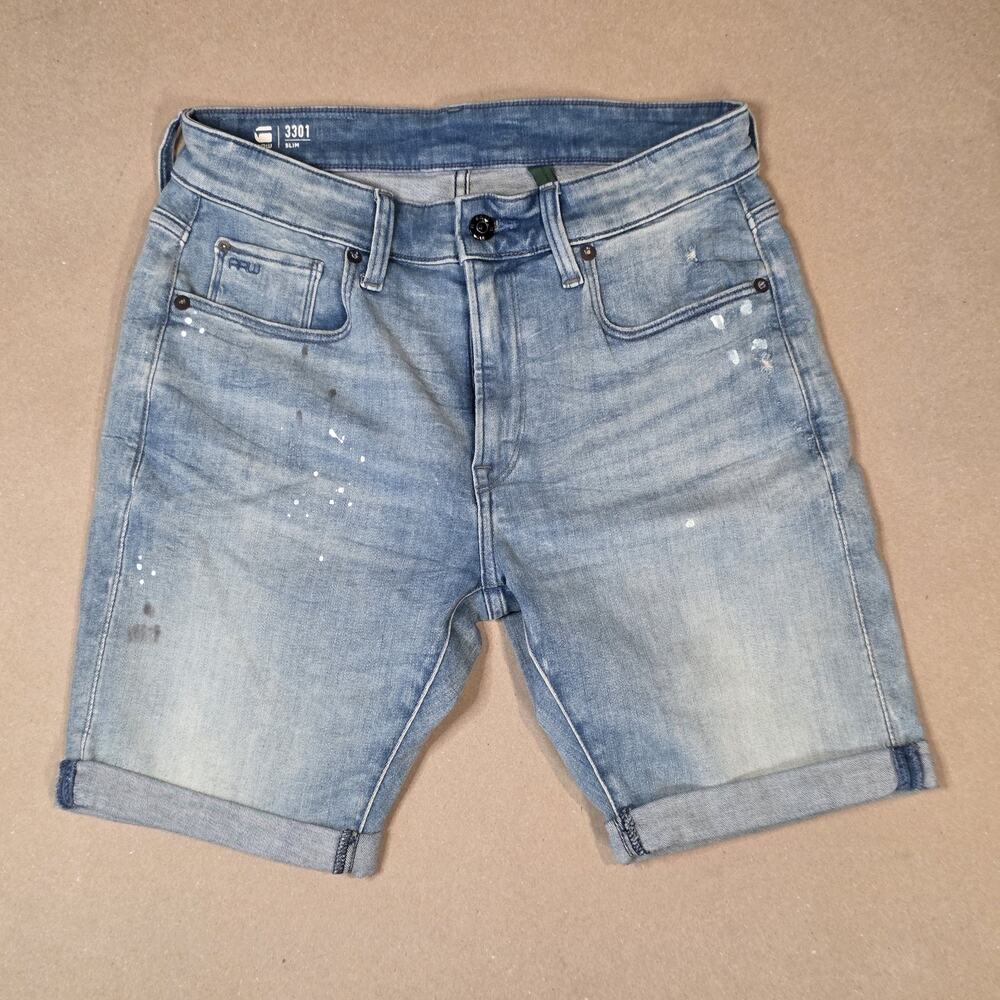 G-Star RAW Shorts Mens 29 Blue Denim Slim Fit Distressed Jeans 3301 Jorts Light